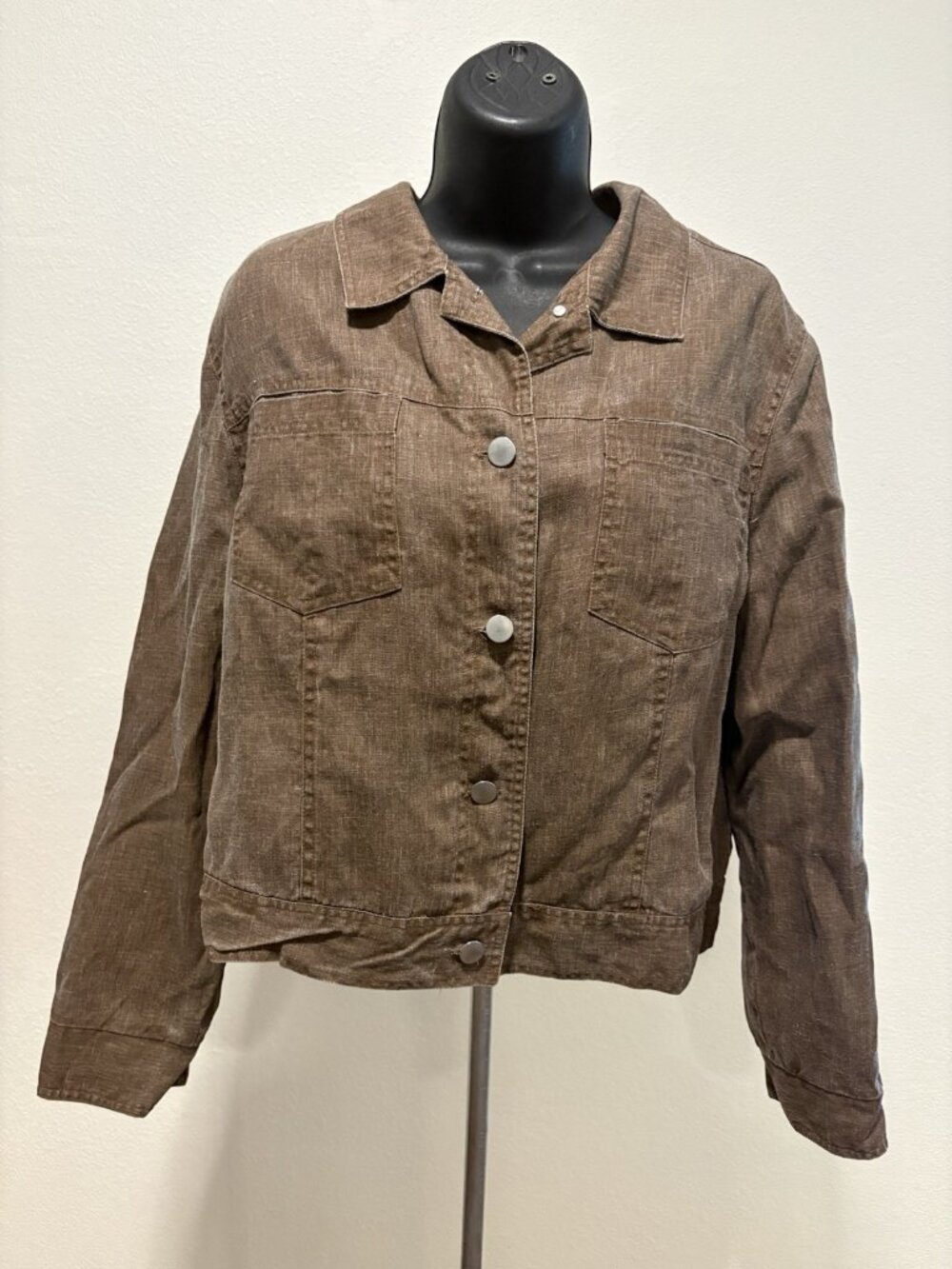 Metro Style Brown 100 % Linen Jacket Blazer Coat Women 14 P Large Button Front